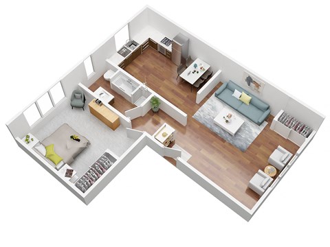 Floor plan for 1 bed, 1 bath, 725 sqft